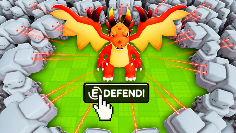 Official Roblox artwork shows a red dragon inside a stone ring with an E Defend prompt.